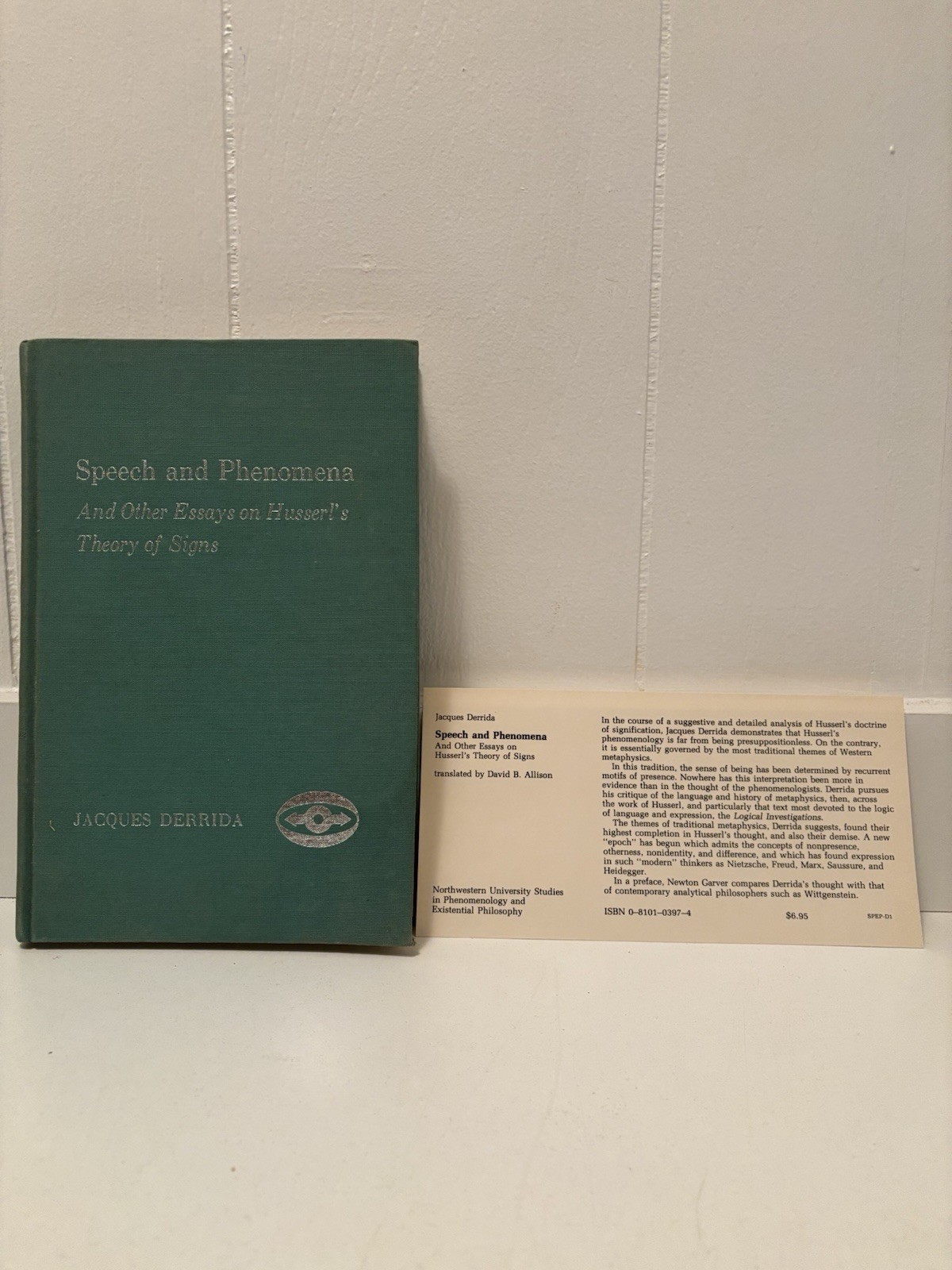 SPEECH AND PHENOMENA Jacques Derrida Edmund Husserl First Edition Publisher Card