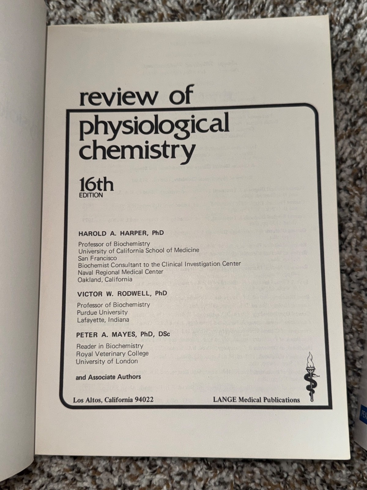 REVIEW OF PHYSIOLOGICAL CHEMISTRY & ORGANIC CHEMISTRY by Bruce (Pearson) Books