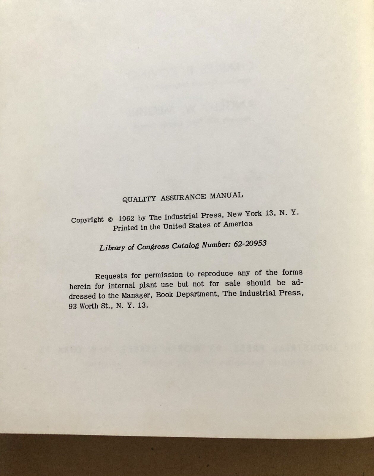 Quality Assurance Manual: Procedures and Forms, 1962 1ST ED The Industrial Press