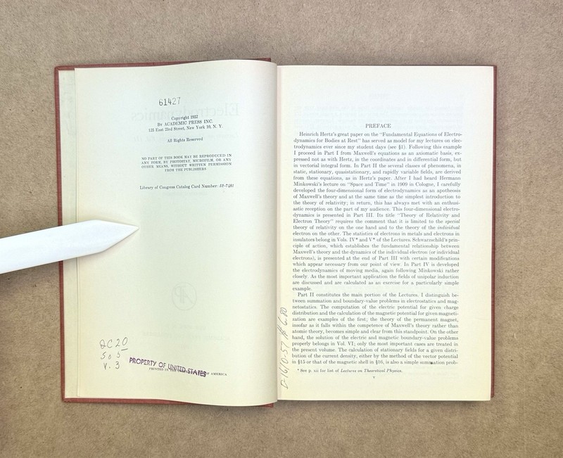 VTG 1952 Electrodynamics 1st Edition by Sommerfeld Academic Press HCVG (Ex-Lib) gallery