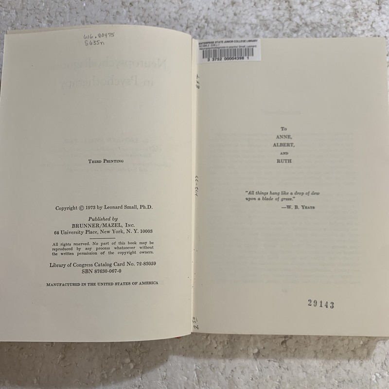 Neuropsychodiagnosis in Psychotherapy Leonard Small 1973 Third Printing HB/DJ gallery