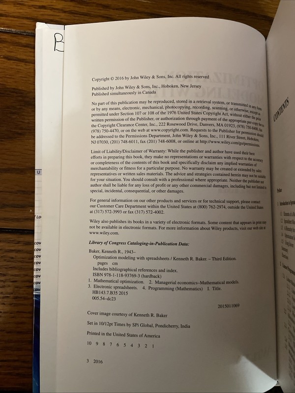 Optimization Modeling with Spreadsheets by Kenneth R. Baker (2015, Hardcover) gallery