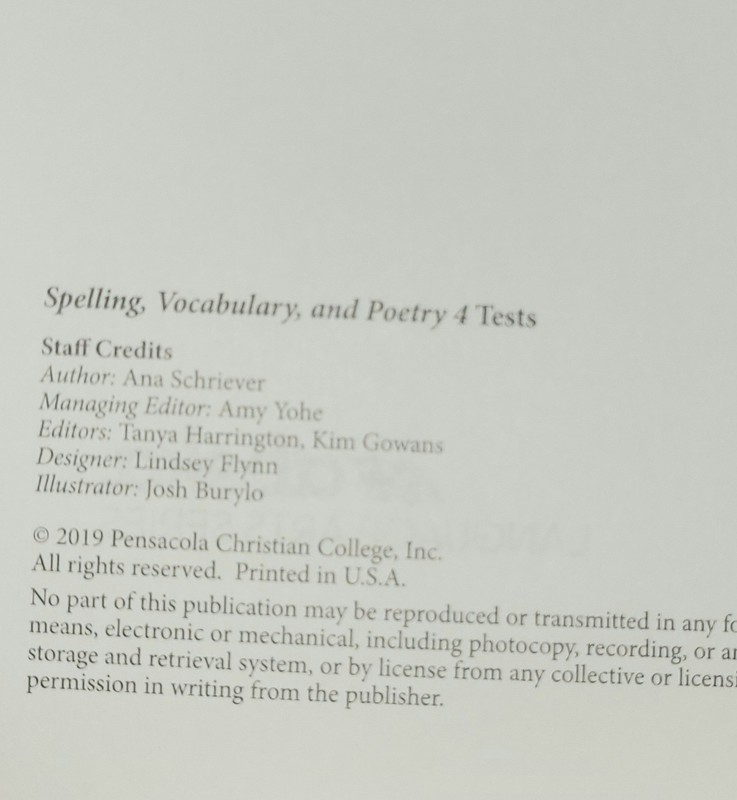 Abeka Spelling, Vocabulary, & Poetry 4 — 2019 Test Key gallery