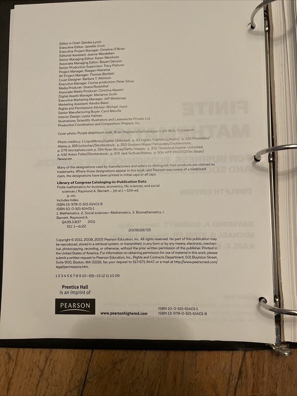 Textbook 2011 Loose Leaf FINITE MATH FOR BUSINESS ECONOMICS With Binder Barnett gallery