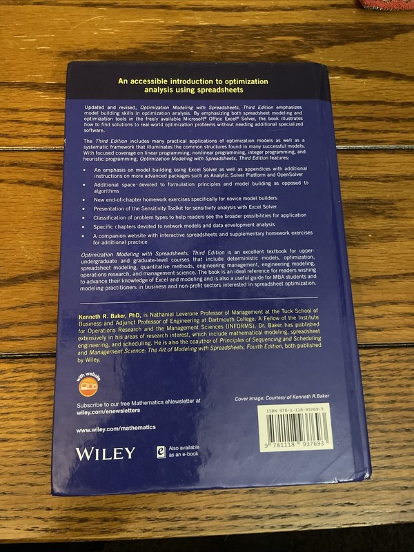 Optimization Modeling with Spreadsheets by Kenneth R. Baker (2015, Hardcover) gallery